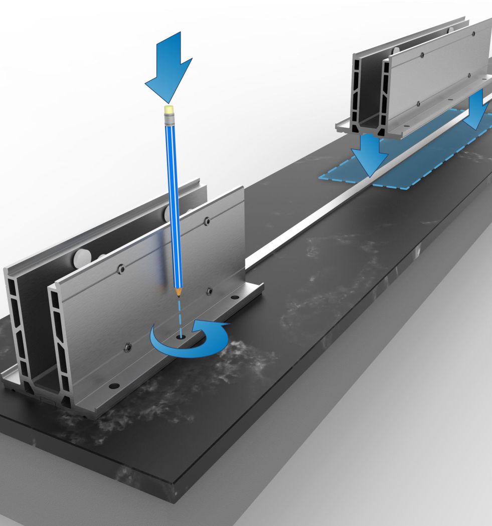 Etapa 2: bases do guarda-corpo Vitrum sendo utilizadas na demarcação dos furos com um lápis.