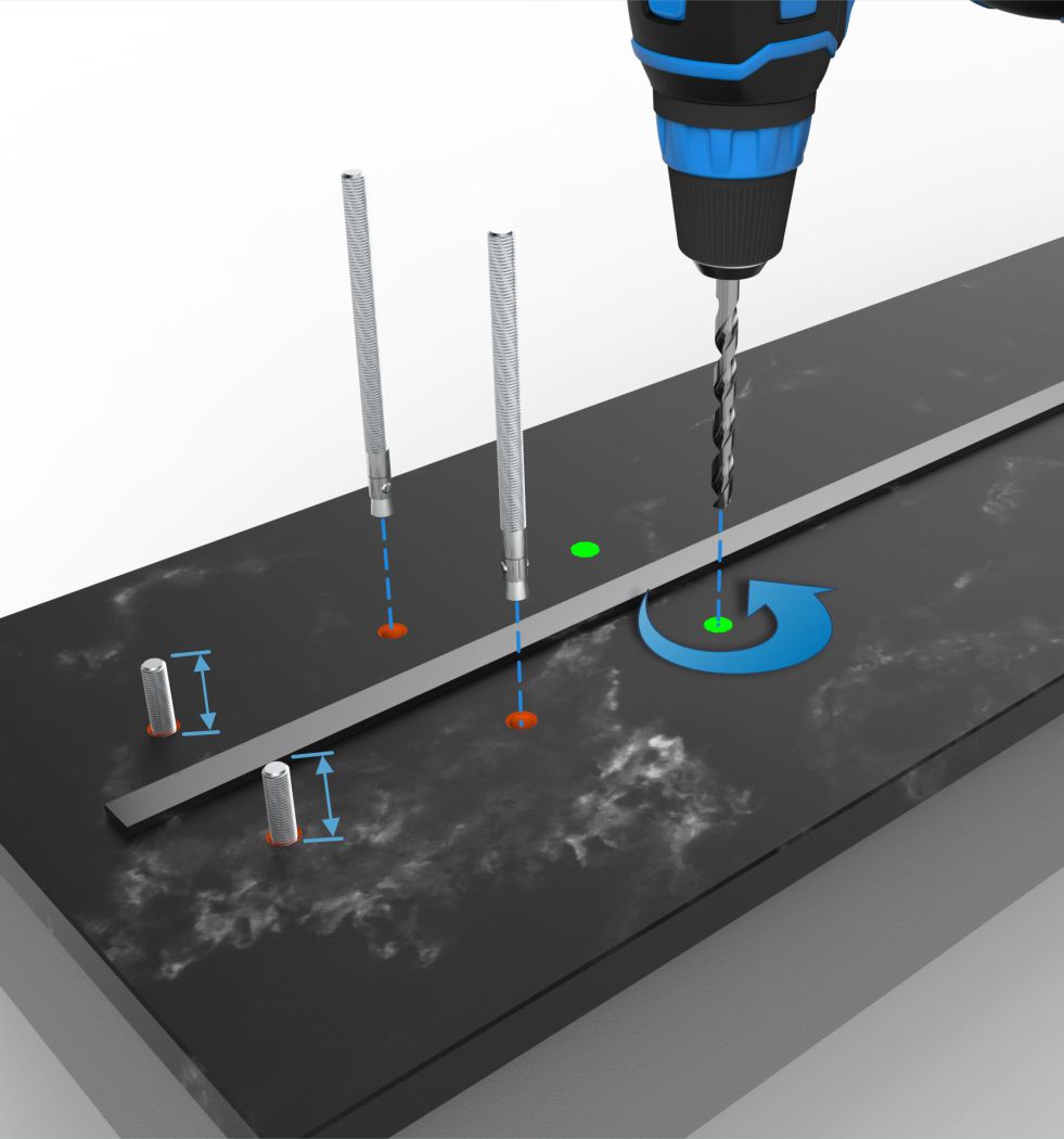 Etapa 3: furadeira indicando onde e como os furos devem ser feitos, mostrando os chumbadores em vistas diferentes para entender melhor a fixação do guarda-corpo Vitrum.