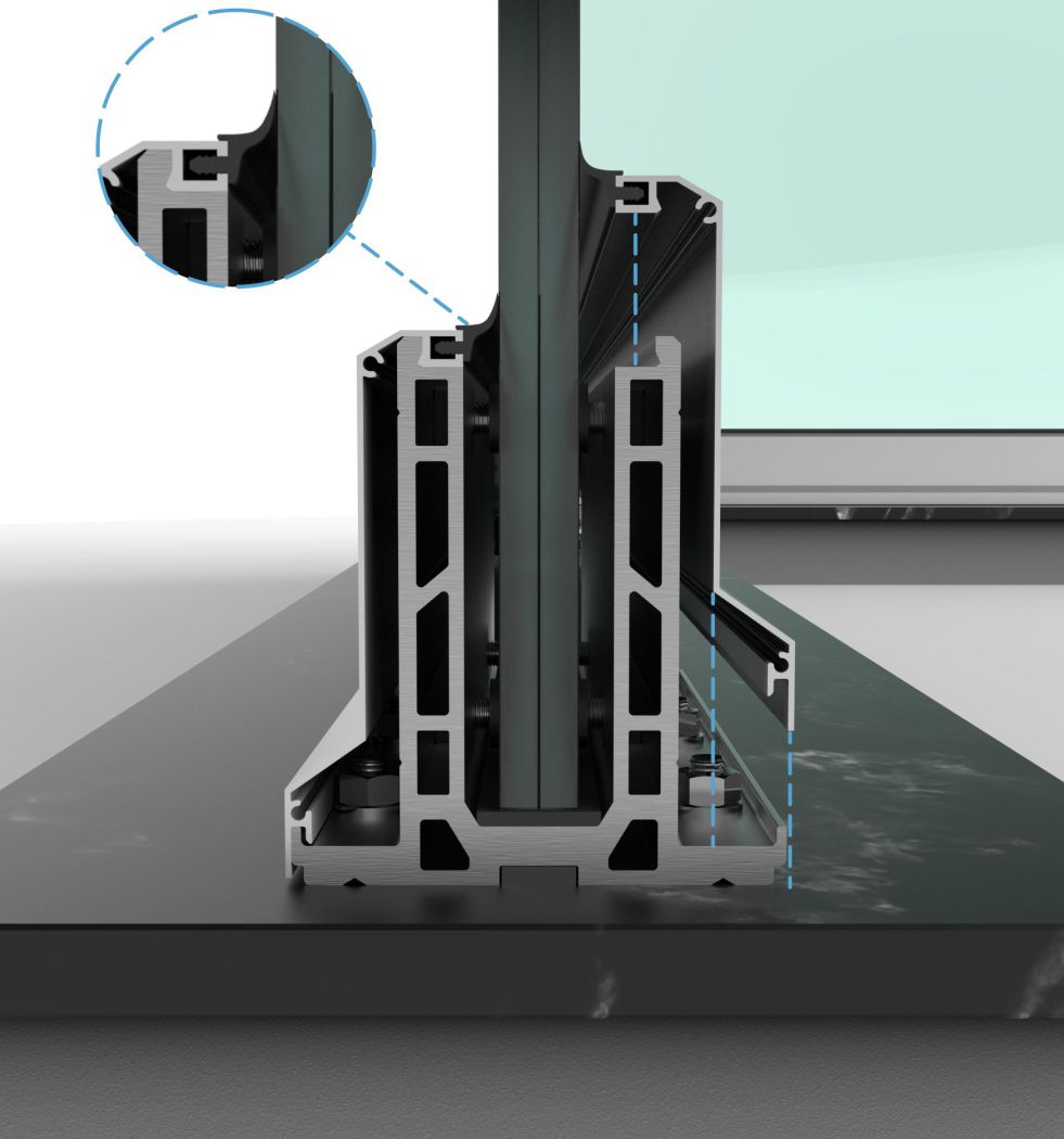 Etapa 7: mostra o encaixe das capas no guarda-corpo Vitrum de uma vista lateral, com aproximação da vista nas borrachas.