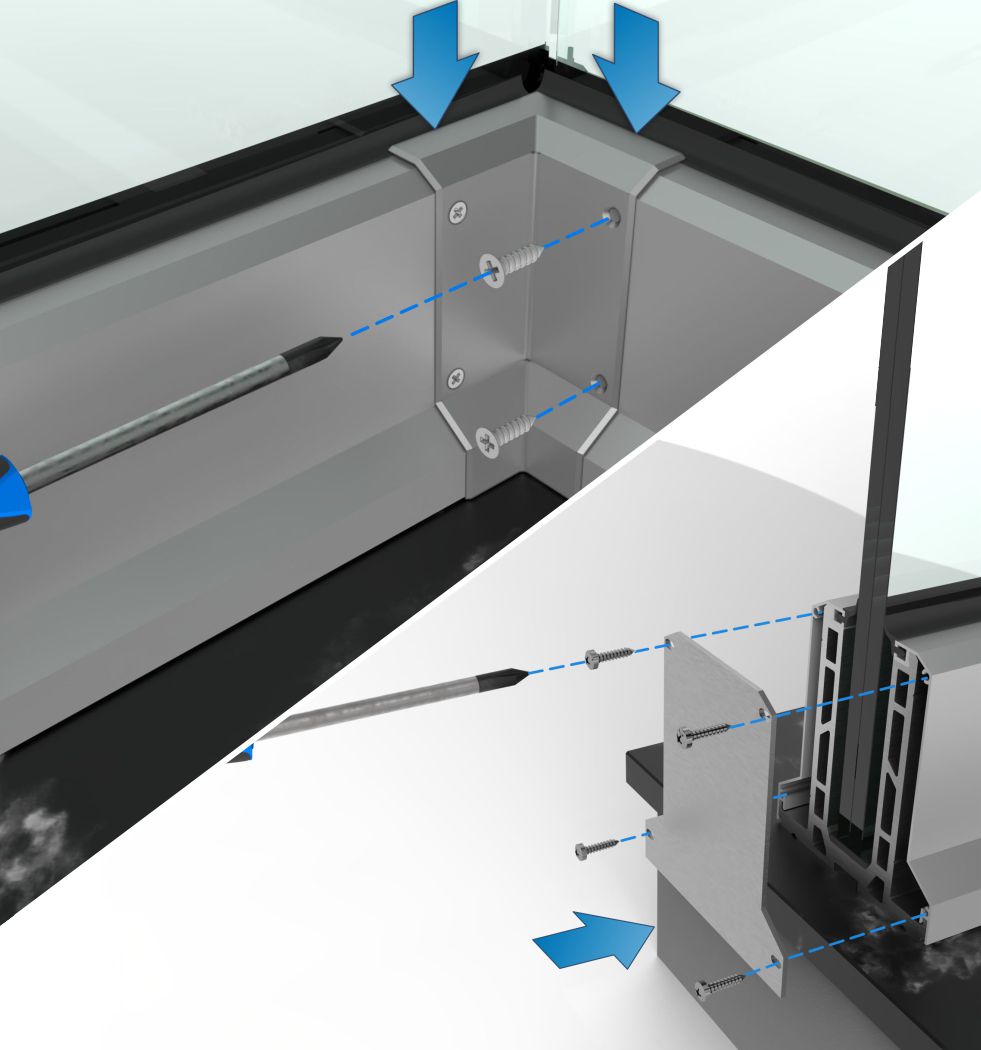 Etapa opcional: imagem com vista dividida, mostrando a finalização das capas com o canto 45° do guarda corpo Vitrum, e também a finalização das ponteiras nas capas.