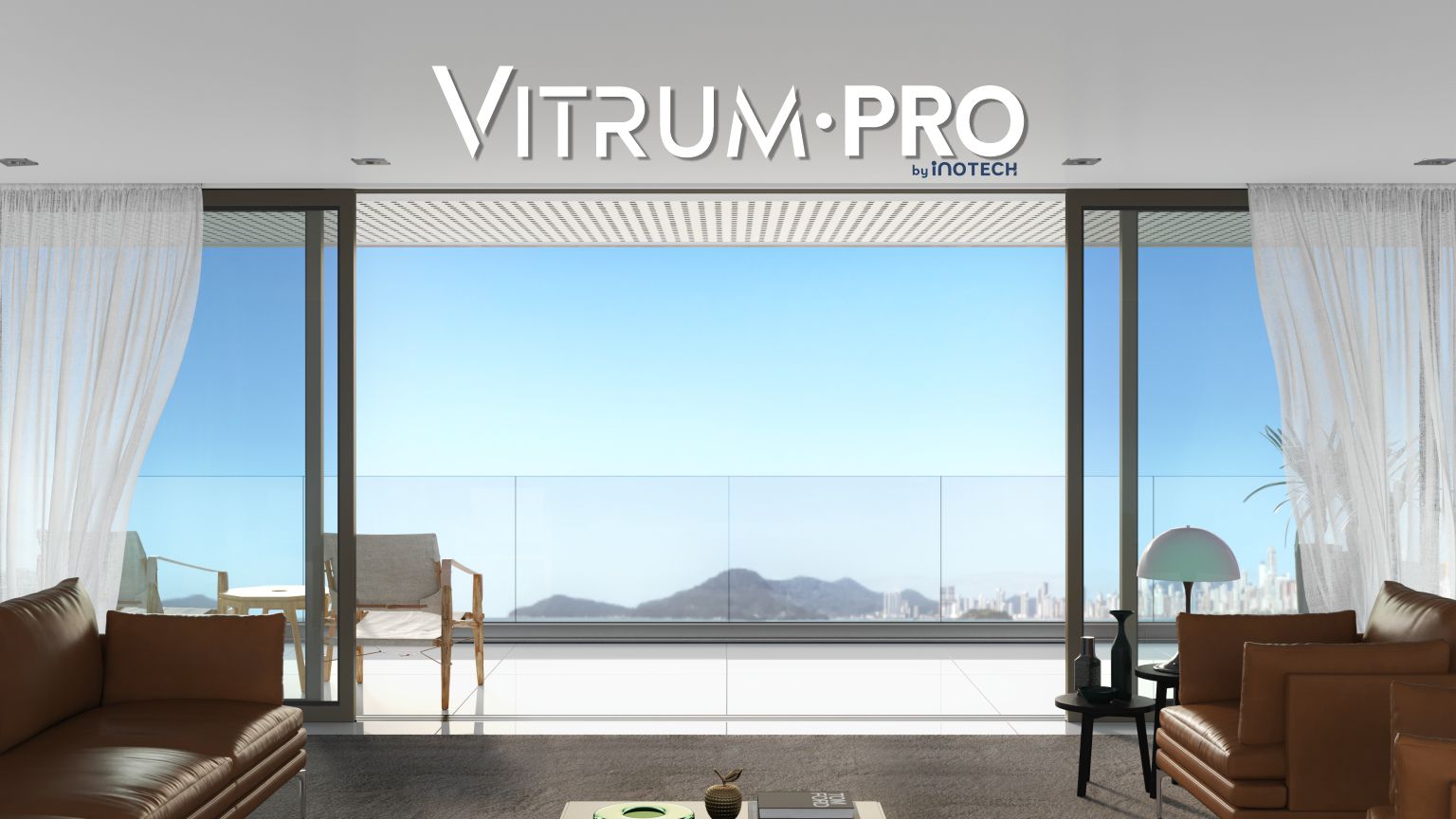 Imagem demonstrativa do guarda-corpo Vitrum, que mostra uma sala com uma janela grande e com uma vista linda.